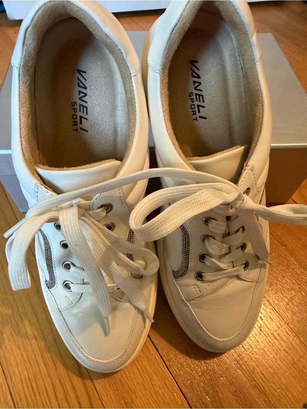 Vaneli White Leather Sneakers with Silver Accents